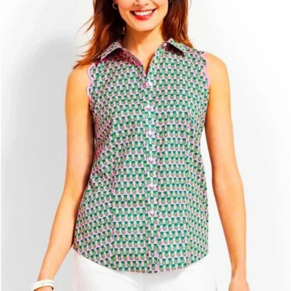 Talbot's Green and Pink Pineapple Scallop Button Up Blouse size 10